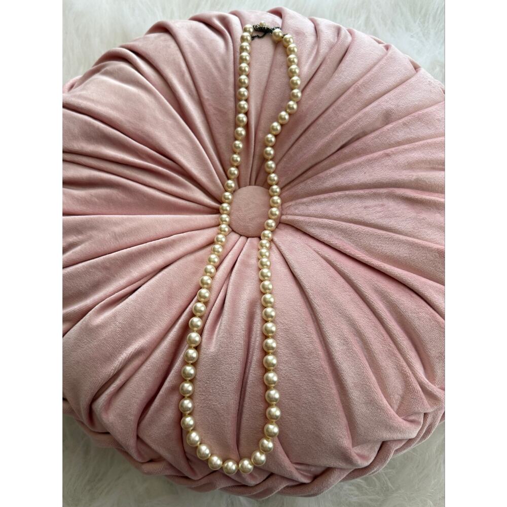 Vintage 1950s Cream Faux Pearl Hand Knotted Matinee Necklace Art Deco Clasp 26"